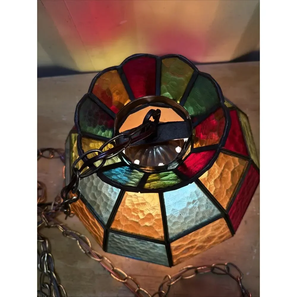 1970s VTG Multi- Color Panel Swag Stained Glass Hanging Swag Ceiling Lamp Shade